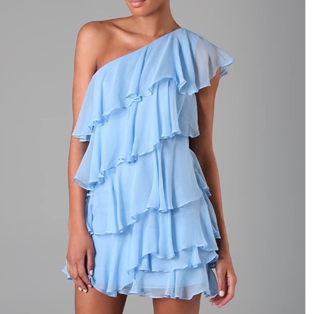 Halston Ruffle Chiffon Cocktail Dress - Blue 8